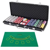 500-dijelni komplet za kasino poker s žetonima i igraćim kartama, kao i kockama i žetonima dilera te crnom stolnjaku.