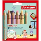 Set obojenih olovaka, okruglih, debelih, STABILO Woody 3 in 1 Pastel, 6 različitih pastelnih boja 8806-3