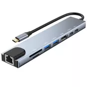 HUB type C 8u1 4K HDMI SD/TF USB-C PD 100M RJ ( 55-078 )