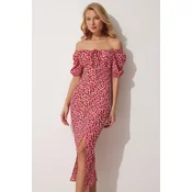 Happiness Istanbul Womens Dark Pink Carmen Collar Slit Knitted Summer Dress