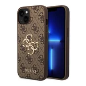 iPhone 15 GUESS 4G BIG METAL LOGO plastična futrola za telefon, otporna na udarce, stražnji poklopac s kožnim efektom, smeđa GUHCP15S4GMGBR