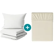Set krepkega posteljnine DENYX BLEND svetlo kremna, hotelski žepek + rjuha Jersey 90 x 200 cm sivobežna, enojna postelja