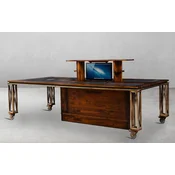 Casa Padrino luxury vintage style desk brown/brass/black 270 x 120 x H. 76 cm - Solid wood office table with wheels - Vintage style office furniture - Luxury office furniture