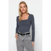 Trendyol Anthracite Cotton Square Collar Regular Fit Knitted Blouse