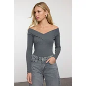 Trendyol Dark Gray Snap-On Carmen Collar Ribbed Stretchy Knitted Bodysuit