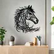 WallXpert metalni zidni ukras DCV-1057-MT, glava konja sa grivom od grana, 60 x 60 cm, crni
