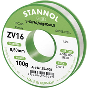 Stannol Stannol mehka spajkalna žica ZV16 iz zlitine TSC305 z vsebnostjo 1\,6% pretoka 0\,5 mm s premerom na 100 g tuljave Stannol ZV16 spajkalna žica\, neosvinčena neosvinčeni Sn96\,5Ag3Cu0\,5 REL0, (20428490)