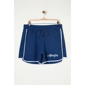 Trendyol Curve Blue Slogan Printed Piping Detailed Knitted Plus Size Shorts & Bermuda