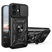 Oklepni ovitek MaX-Armor z obročem, kovinsko ploščico in zaščito zadnjih kamer za iPhone 17 - črn
