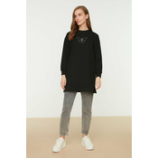 Trendyol Black Crew Neck Slit Detailed Printed Knitted Sweatshirt
