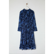 Trendyol Blue Floral Patterned A-Line Stand Collar Midi Lined Chiffon Woven Winter Dress