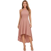 Elegantna ženska koktajlna obleka vintage A-linija roza barve, halter izrez z zavezovanjem, dolžina do kolen, udobna mikrovlakna za poroke in večerne priložnosti, velikost S, pralna v stroju pri 30°C