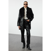 Trendyol Black Oversize Molded Collar Faux Leather Jacket Coat with Fur Detail