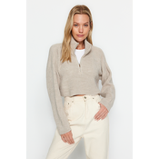 Trendyol Stone Super Crop Zippered Knitwear Sweater