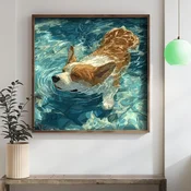WallXpert uramljena MDF slika DOS014-33, korgi pliva u tirkiznoj vodi, 34 x 34 cm