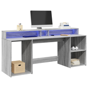 vidaXL Pisalna miza z LED lučkami siva sonoma 200x55x91 cm inž. les