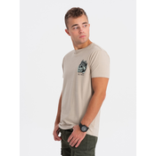 OMBRE Moška bombažna majica s potiskom na prsih v bež barvi MDN124618 XL