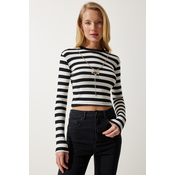 Happiness Istanbul Womens Black and White Detachable Necklace Striped Crop Knitted Blouse