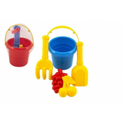 Teddies Komplet za pesek 5 kosov plastično vedro, lopata, grablje, sveženj 2 kosa 3 barve v mreži11x18x11cm 12m+