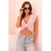 Kesi Womens ribbed blouse with ruching and frill neon pink