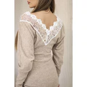 Kesi Womens dress with 3/4 sleeves and lace on the back camel