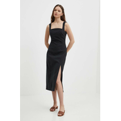 Lanena haljina Sisley boja: crna, midi, ravna
