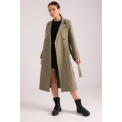 armonika Womens Khaki Double Breasted Collar Waist Belted Long Trench Coat with Pocket
