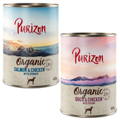 Ekonomično pakiranje Purizon Organic 24 x 400 g - Mješovito pakiranje: 12 x pačetina s piletinom, 12 x losos s piletinom