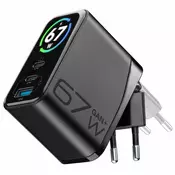 CellularLine PowerView IQ 67W GaN hišni polnilec, TFT zaslon, 3 vhodi, črn (ACHTFT3USBGAN67WK)