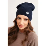 Kesi Womens ribbed hat with a decorative button made of wool and modal navy blue