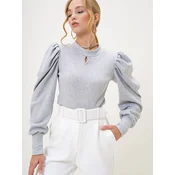 Trend Alaçati Stili Womens Gray Crew Neck Drop Neck Princess Sleeve Knitwear Blouse