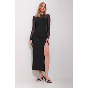 Trend Alaçati Stili Womens Black Crew Neck Tulle Detailed Slit Midi Length Dress