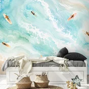 Samolepilna tapeta akvarelno morje s surferji - 343x231