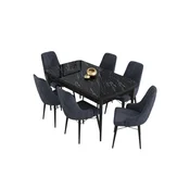 Hanah Home trpezarijski set Kar, sto na razvlacenje i 6 stolica, ploca u dekoru crnog mermera, antracit tkanina Babyface