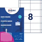 Avery Zweckform komplet priponk za imena s sponko 4822. Vsebina: 25 žepkov in 32 mikroperforiranih kartonskih predlog za tiskanje z vsemi tiskalniki.