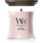 Woodwick Rose Blush dišeča sveča z lesenim stenjem 85 g