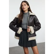 Trendyol Dark Brown Regular Collar Belt Detailed Plush Faux Leather Biker Jacket Coat