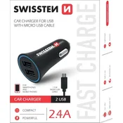 Swissten 20110900 2xUSB avto polnilec + mikro USB kabel, 2.4A, črn