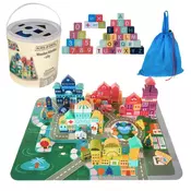 Kruzzel Lesene kocke mesto – 100 kosov s podlogo, vozili in figurami