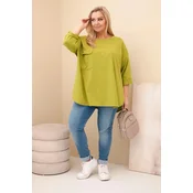 Kesi Włoski Womens Plus Size blouse with cotton, featuring a pocket and rolled sleeves olive green