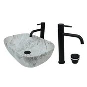 shumee GTM Design Aufsatzwaschbecken 46 cm Matt Set mit Waschtischbatterie und Stopfen - Aufsatzwaschbecken Oval für Badezimmer - Modern Waschbecken ohne Hahnloch - Waschbecken mit Armature