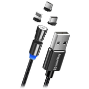 Barvit polnilni kabel 3 v 1 Lightning+MicroUSB+USB-C/ Magnetni/ 2,4 A/ Najlon/ Magnetna rotacija 540