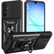 Oklepni ovitek MaX-Armor z obročem, kovinsko ploščico in zaščito zadnjih kamer za Samsung Galaxy A17 4G/5G - black