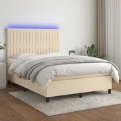Greatstore Box spring postelja z vzmetnico LED krem 140x200 cm blago