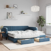 Greatstore Izvlečna dnevna postelja s predali modra 100x200 cm žamet