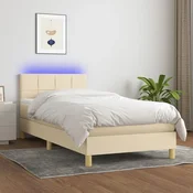 Greatstore Box spring postelja z vzmetnico LED krem 100x200 cm blago