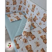 Bubamara037 Set posteljine za krevetac sa ravnom ogradicom Meda s cvecem, Zeleni