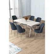 Hanah Home trpezarijski set Prah, sto i 6 stolica, ploca u dekoru belog mermera, hromirane noge, antracit tkanina Babyface