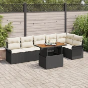 vidaXL 7-delna vrtna sofa garnitura s blazinami Črn poli ratan