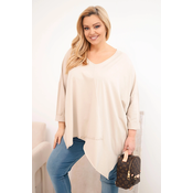 Kesi Womens cotton Plus Size blouse with an asymmetrical bottom and V-neck beige